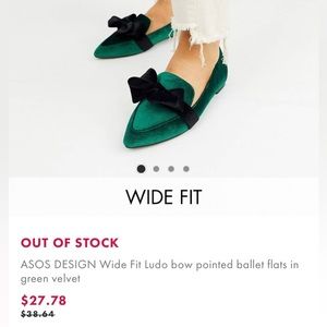 ASOS DESIGN Wide Fit Ludo bow pointed ballet flats in Green Velvet . Uk-7/ US-9